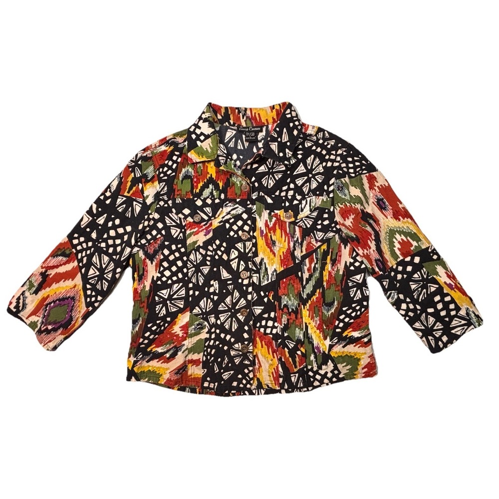 Gaudy Couture Ikat Patchwork Jacket Womens M Tribal‎ Print Button Shirt Art